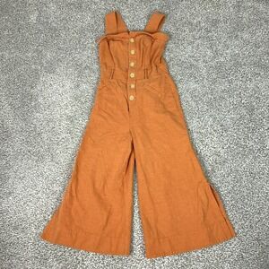 Anthropologie Jumpsuit Womens 8 Orange Linen Blend Button Front Wide Leg Coastal